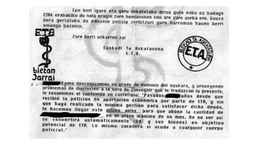 Carta de extorsión de ETA